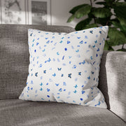 Blue and White Flowers and Butterflies Spun Polyester Square Pillowcase