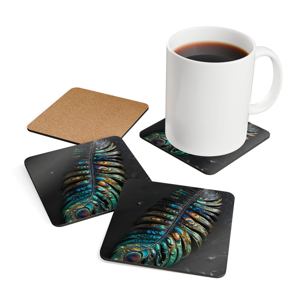 Paua Abalone Shell Feather Corkwood Coaster Set