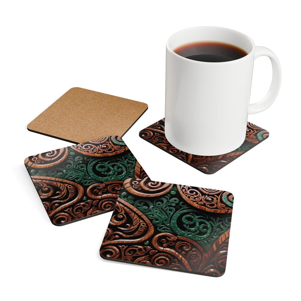 New Zealand Maori Pounamu Greenstone and Wood Corkwood Coaster Set