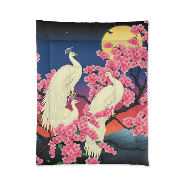 Japanese White Peacocks In Cherry Blossom Tree Comforter