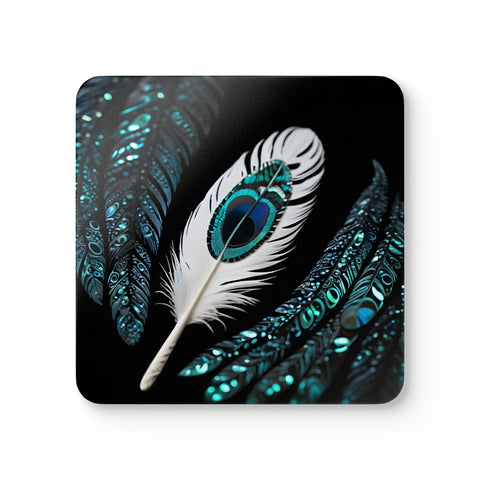 White Kotuku Paua Abalone Feather Corkwood Coaster Set
