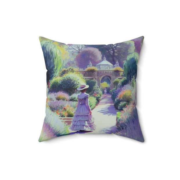 Monet Inspired Girl Walking In Garden Spun Polyester Square Pillow