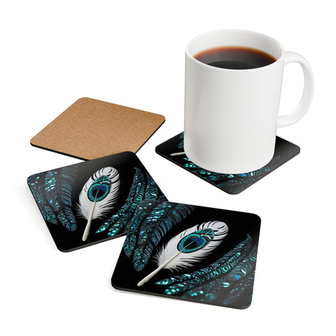 White Kotuku Paua Abalone Feather Corkwood Coaster Set