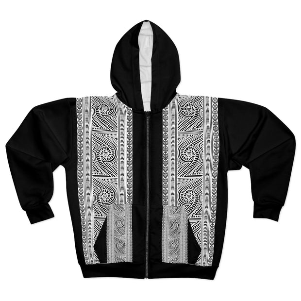 Black and White Koru Unisex Zip Hoodie (AOP)