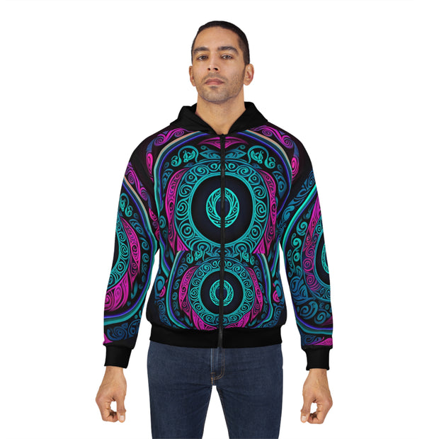 Pink Black Turquoise Maori Koru Unisex Zip Hoodie (AOP)