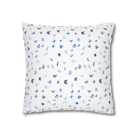Blue and White Flowers and Butterflies Spun Polyester Square Pillowcase