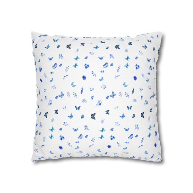Blue and White Flowers and Butterflies Spun Polyester Square Pillowcase