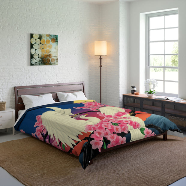 Japanese White Peacocks In Cherry Blossom Tree Comforter