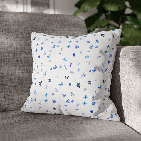 Blue and White Flowers and Butterflies Spun Polyester Square Pillowcase