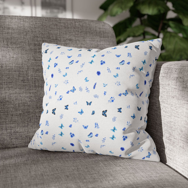 Blue and White Flowers and Butterflies Spun Polyester Square Pillowcase