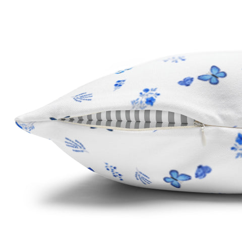 Blue and White Flowers and Butterflies Spun Polyester Square Pillowcase