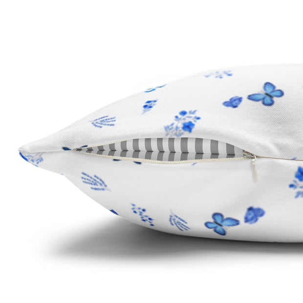 Blue and White Flowers and Butterflies Spun Polyester Square Pillowcase