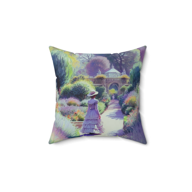 Monet Inspired Girl Walking In Garden Spun Polyester Square Pillow