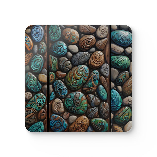 Beautiful Natural Stones With Maori Designs Corkwood Coaster Set