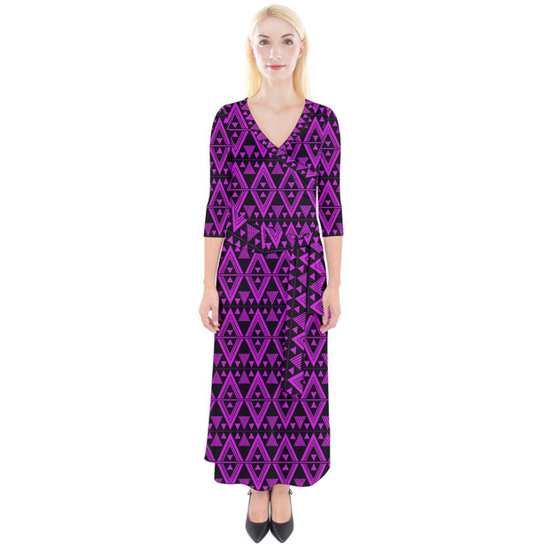 Fushia and Black Tukutuku Quarter Sleeve Wrap Maxi Dress