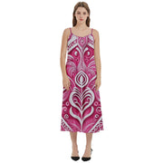 Pink and White Koru Casual Spaghetti Strap Midi Dress