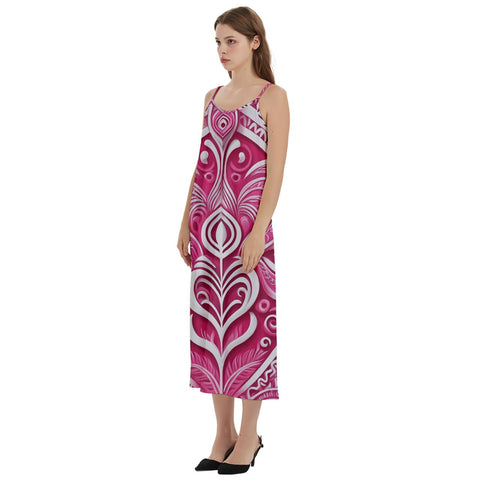 Pink and White Koru Casual Spaghetti Strap Midi Dress