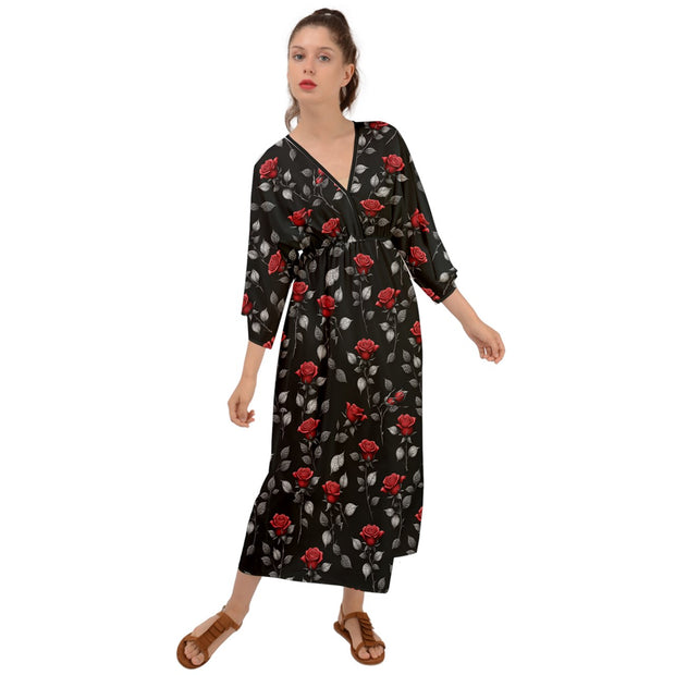 Red Rose Grecian Style  Maxi Dress