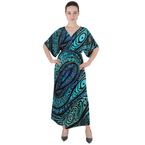 Paua Shell Abalone Pattern V-Neck Boho Style Maxi Dress