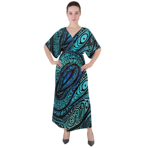 Paua Shell Abalone Pattern V-Neck Boho Style Maxi Dress