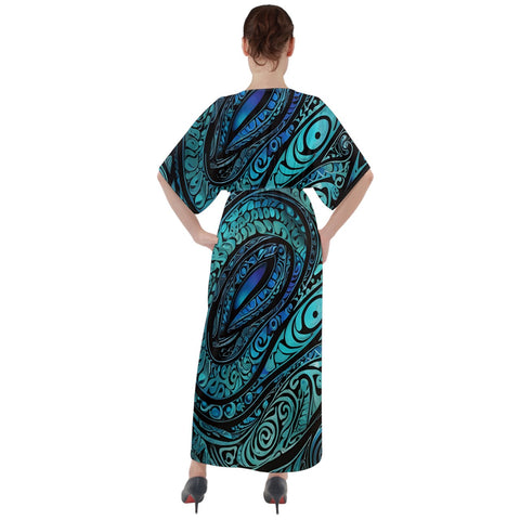 Paua Shell Abalone Pattern V-Neck Boho Style Maxi Dress