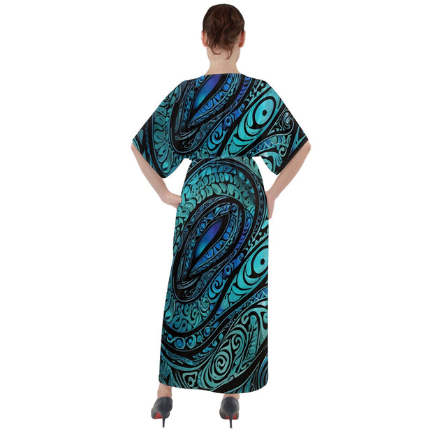 Paua Shell Abalone Pattern V-Neck Boho Style Maxi Dress