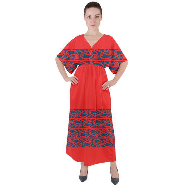 Whero Red Koru V-Neck Boho Style Maxi Dress