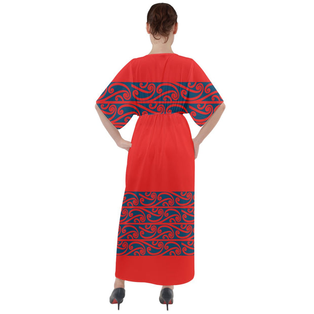Whero Red Koru V-Neck Boho Style Maxi Dress