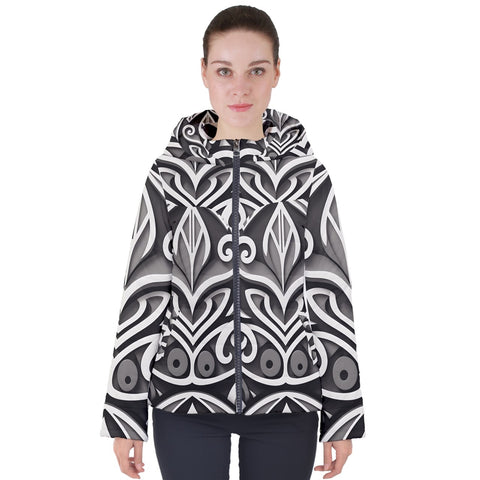 Black White Grey Modern New Zealand Maori Women's Hooded Puffer Jacket