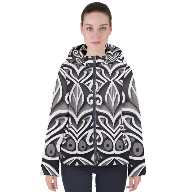 Black White Grey Modern New Zealand Maori Women's Hooded Puffer Jacket