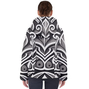 Black White Grey Modern New Zealand Maori Women's Hooded Puffer Jacket