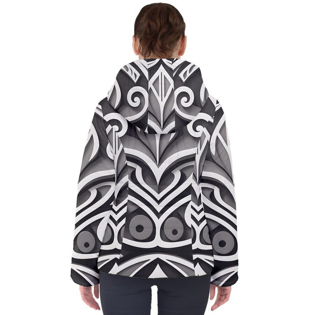 Black White Grey Modern New Zealand Maori Women's Hooded Puffer Jacket