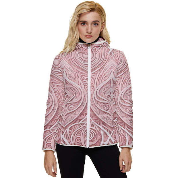 Soft Pink 3D effect New Zealand Maori Design Women's Hooded Quilted Jacket