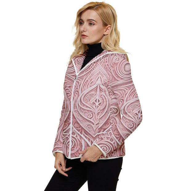 Soft Pink 3D effect New Zealand Maori Design Women's Hooded Quilted Jacket