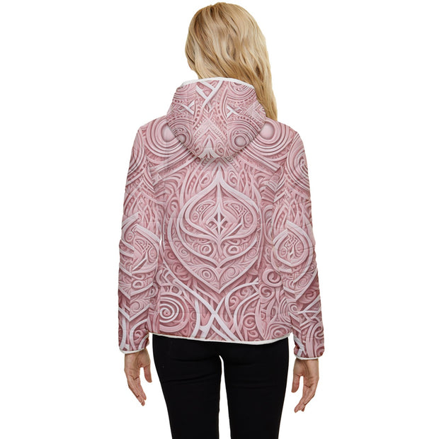 Soft Pink 3D effect New Zealand Maori Design Women's Hooded Quilted Jacket
