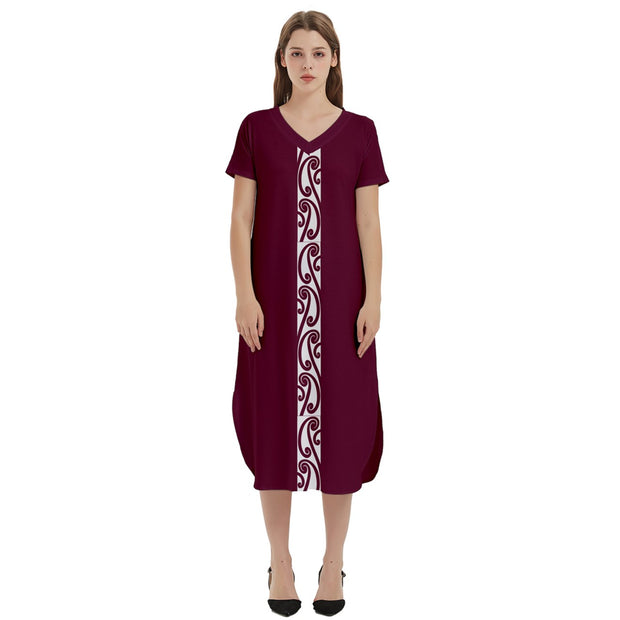 Wine Koru T-Shirt Midi Dress With Pockets
