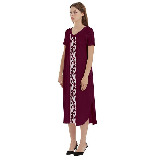 Wine Koru T-Shirt Midi Dress With Pockets