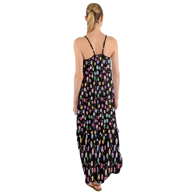 Black Colorful Roses Cami Maxi Ruffle Chiffon Dress