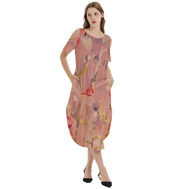 Cinnamon Garden Cold Shoulder Loose Fit Dress With Pockets