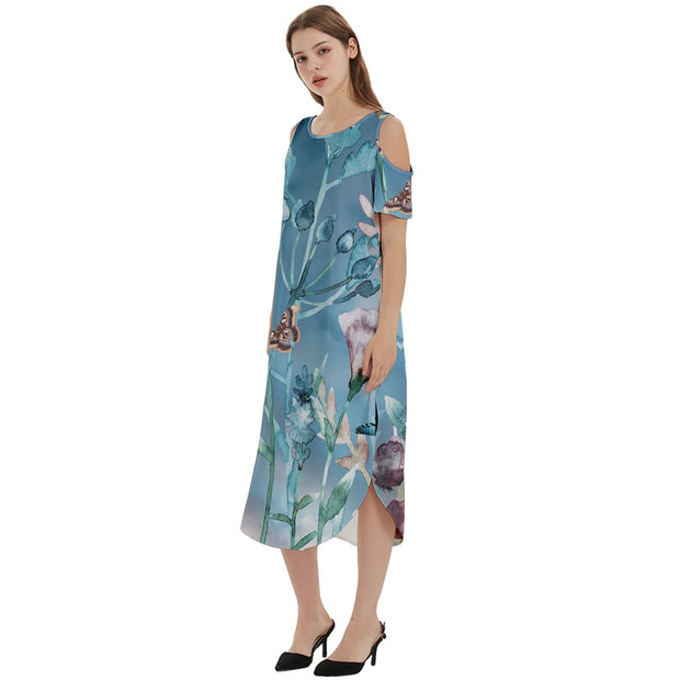 Cool Blue Garden Cold Shoulder Loose Fit Dress With Pockets