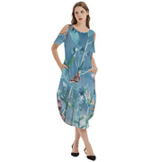 Cool Blue Garden Cold Shoulder Loose Fit Dress With Pockets