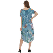 Cool Blue Garden Cold Shoulder Loose Fit Dress With Pockets