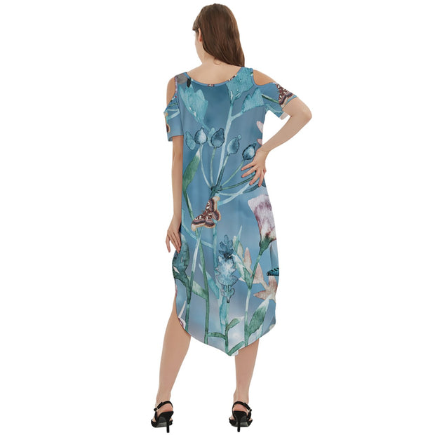 Cool Blue Garden Cold Shoulder Loose Fit Dress With Pockets