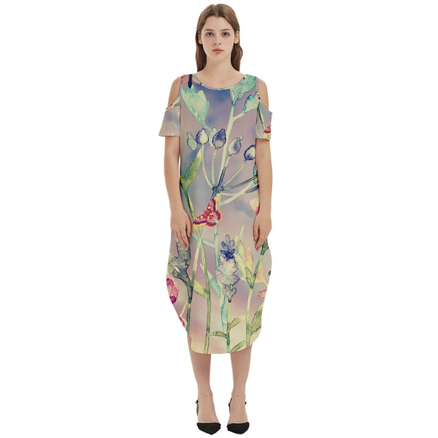 Yello Devine Garden Cold Shoulder Loose Fit Dress With Pockets