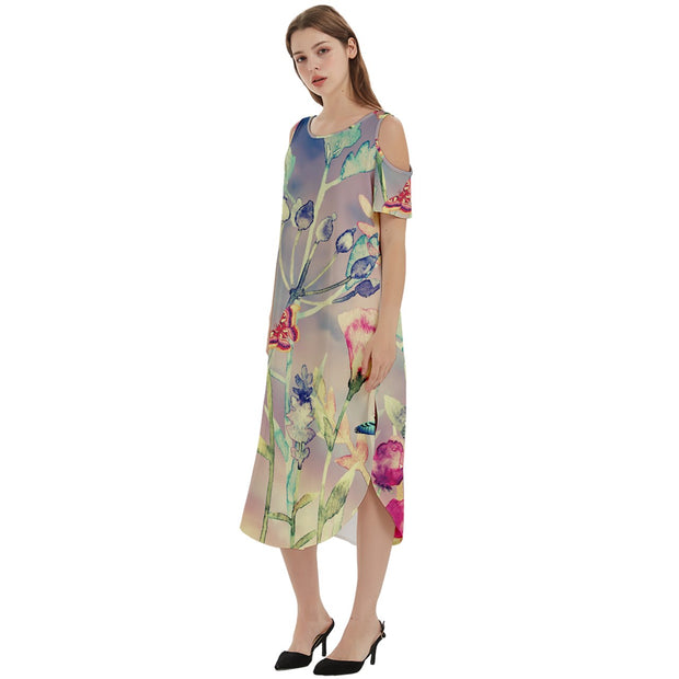 Yello Devine Garden Cold Shoulder Loose Fit Dress With Pockets