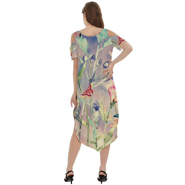Yello Devine Garden Cold Shoulder Loose Fit Dress With Pockets