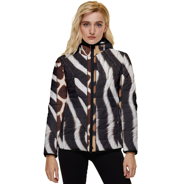 Leopard Zebra Giraffe Safari Women's Hooded Quilted Jacket