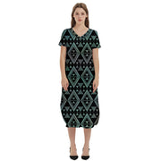 Natural Green and Black Tukutuku design T-Shirt Midi Dress With Pockets