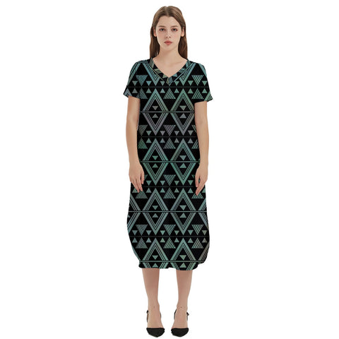 Natural Green and Black Tukutuku design T-Shirt Midi Dress With Pockets