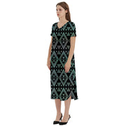 Natural Green and Black Tukutuku design T-Shirt Midi Dress With Pockets